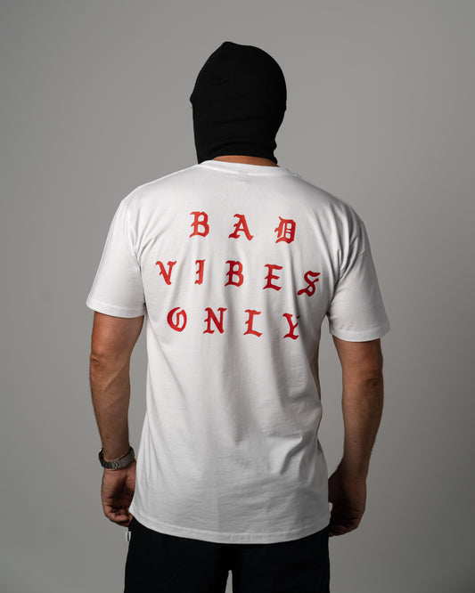 'BAD VIBES ONLY' TEE (WHITE w/ RED)
