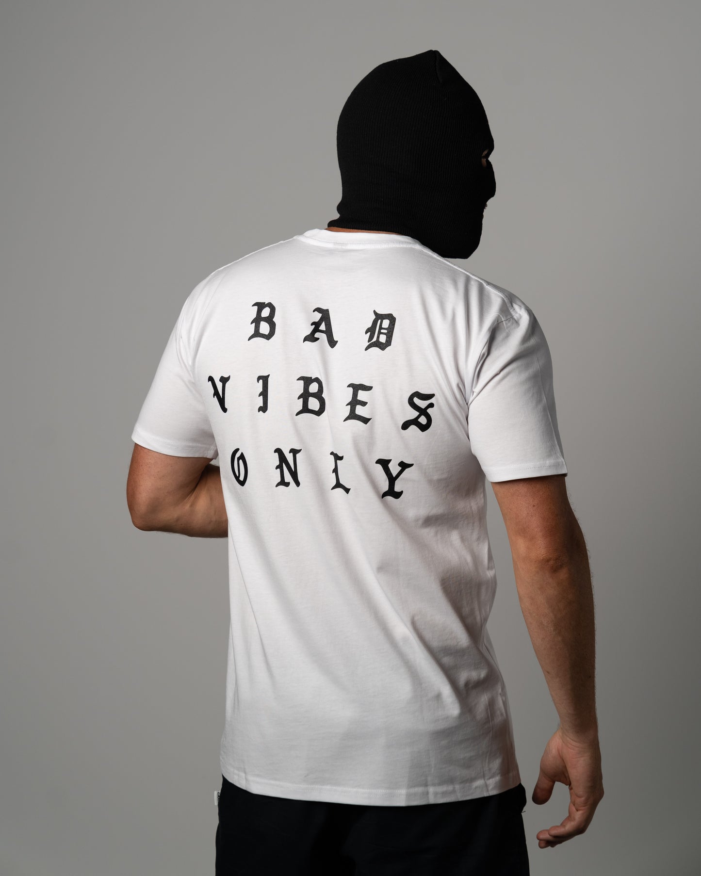 'BAD VIBES ONLY' TEE (WHITE w/ BLACK)
